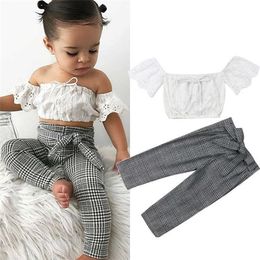 Toddler Kids Baby 2-7T Girls Clothes set Summer Off Shoulder Lace Crop Top and long Pants Cute lovely Sweet Streetwear outfits