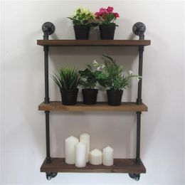 Industrial Rustic Urban Iron Pipe Wall Mounted Shelf 3 Layers Wooden Board Shelving Home Restaurant Bar Shop Decor Storage T200506