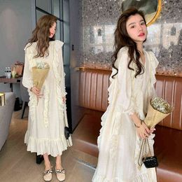 Korean Style Spring Loose Elegant Maternity Dress Ruffles Long Sleeves Pregnant Woman Mermaid Dress Sweet Trumpet Dresses J220628