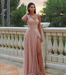 One Shoulder Mermaid Evening Dresses High Side Slit Sweep Train Lace-up Back Prom Party Gowns