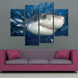 4 Panels KIT Frameless Posters Canvas Wall Art Picture Print Great White Shark Canvas Paintings Wall Decorations for Living Room