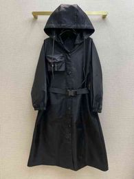 2022 spring P family high popularity nylon series three-dimensional pocket hooded long windbreaker coat women's fashion