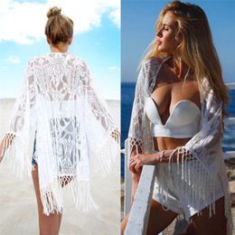 Summer Beach Blouse Women Bikini Cover Ups Lace Crochet Tunic Hollow Out Tassel Robe Cover Up Kimono Swimsuit Bathing Suit 220524