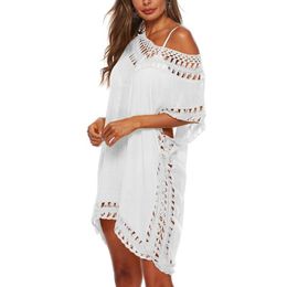 Women's Swimwear Loose Sexy White Bikini Cover Up Women Bat Short Sleeve Hollow Out V Neck Dress For Beach 2022Women's