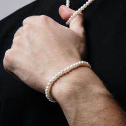 Link Chain Vintage Imitation Pearl Bracelet Men Handmade Lobster Claw Clasp 4/6/8/10mm Bead For Jewellery GiftLink