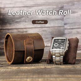Cow Leather Single Slot Watch Roll Case Portable Vintage Holder Travel Wrist Jewellery Storage Pouch Organiser 220428