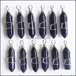 Arts And Crafts Sier Wire Natural Stone Blue Sand Charms Hexagonal Healing Reiki Point Pendants For Jewellery Making Drop D Sports2010 Dhtjf