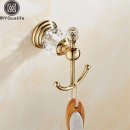 Robe Hooks Gold Hook on the wall Crystal Brass Gold Robe Hook Bathroom Hangings Towel Rack European Style Clothes Hook T200717