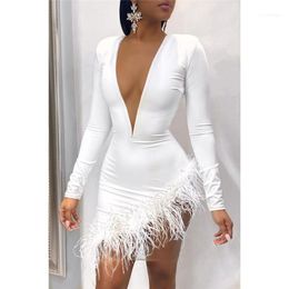 Imcute Elegant Deep V-Neck Mesh Dress Women Sexy Hollow Out Long Sleeve Mini Feather Tassel Slit Bodycon Party 20221