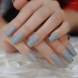 False Nails Gray Matte Artificial Medium Daily Pure Color Plastic Fingernails Simple Square DIY Pratice Fake Nail Prud22