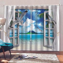 High quality material curtain seagull palm tree sea cortina blackout for bedroom Living Room Windows beautiful decoration