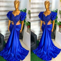 Royal Blue Stain Evening Dresses with Puffy Sleeve 2022 Lace Beaded Arabic Aso Ebi Mermaid Prom Formal Party Second Reception Birthday Engagement Gowns