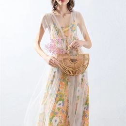 Summer French Print Floral Beach Long Dres's Sleeveless Backless Mesh Patchwork Strap Dress Sexy Club Party 220527