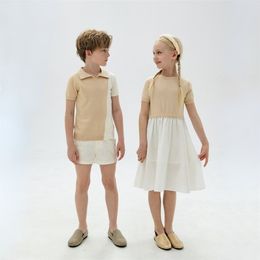 Knit Set Apricot Colorblock Matching Family Summer Baby Bloomer Boys Top Girls Dress Cotton Linen Buttom Soft#7006 220607