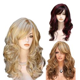 Europäische und amerikanische Frauen Perücke mehrfarbige wellige blonde Haare hohe Glanzhaar Qi Bony Chemical Faser Kopfbedeckung im Angebot