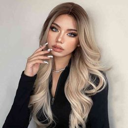 Henry Margu Blonde Platinum Ombre Brown Synthetic Wig for Women Long Wavy Natural s Cosplay Middle Part Heat Resistant 220622