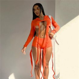 Women's Tracksuits Fashion Solid Bandage Shorts Suit Y2k Button Long Sleeve Crop Top And Lace Up Sexy Matching 2 Pieces Set OutfitsWomen's