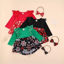 Girl's Dresses 0-18M Born Infant Baby Girl Christmas Romper With Bow Knot Headdress Round Collar Long Sleeve JumpsuitGirl's
