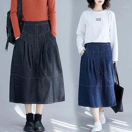 Skirts Women Retro Long Denim 2022 Summer Autumn Big Size Loose Vintage Elastic Wasit Female Casual Jeans Skirt Aq544