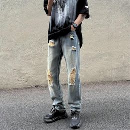 Men's Jeans 2022 Trendyol Men Blue Denim Trousers Knee Ripped Badly Hip Hop Streetwear Bottoms Long Straight Summer Casual Pants Man