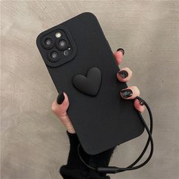 Korean Cute 3D Black Love Heart Soft Phone Case with Wrist Strap For iPhone 13 12 11 Pro Max X XS XR 7 8 plus Simple Cover