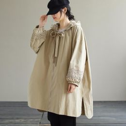 Women's Trench Coats Female Spring Plus Size Outerwear Lace Embroidery Long-sleeve Drawstring Hooded M-length All-match Casual Short Loose T