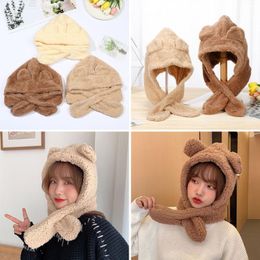 Berets Women Windproof Scarf Cute Plush Beanies Caps Earflap Earmuff Winter Hats Bear Ear Hat