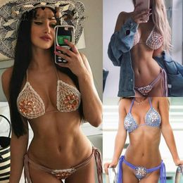 Women's Swimwear Summer Sexy Women Crochet Knit Bandage Bikini Set Hollow Out Crystal Multi-rope Beach Swimsuit Bathing Suit