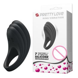 Pretty Love USB Rechargeable 7 Mode Vibrating Cock Ring Silicone Penis Vibrator Erotic Toys for Men