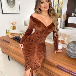 Sexy Velvet Drawstring Dress Women Autumn Winter One Shoulder V neck Long Sleeve Slim Elastic Bodycon Midi Dresses Party Vestido 220613