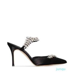 2022-Luxury Lurum strass Sandals Shoes For Women High Heels Leaf Crystal-embellished Satin Mules Strappy Sandalias Slippers Sexy Pointed Toe