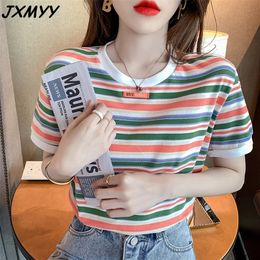 summer fashion rainbow striped short-sleeved t-shirt women loose top student cotton all-match t-shirt JXMYY 210412