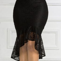 Sexy Black Lace Gothic Skirts Woman Empire Waist Elastic Retro Pencil Asymmetrical XXL XL Big Size Jupe Women's Fashion 220317