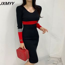 Autumn and winter style sweater dress fashion v-neck full-sleeve patchwork color jacket knitted dress elegant style 210412