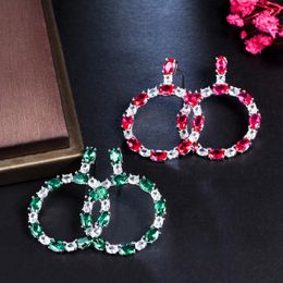 bridal drop earrings UK - Dangle & Chandelier BeaQueen Fashion Big Circle Drop Earrings Red Green Silver Color Women Wedding Jewellery Real CZ Crystal Bridal Jewelry