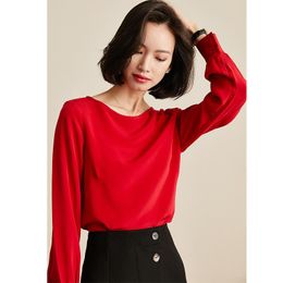 Women's Blouses & Shirts Mu Red Chiffon Silk Office Blouse Womens And 2022 Summer Elegant Sexy Boho Long Sleeve Plus Size Round CollarWomen'