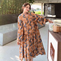 Maternity Spring Long Sleeves Dress Lantern Sleeve Vneck Loose Pregnant Woman Flowered Dress Fashion High Waist Pregnancy Dresses J220628