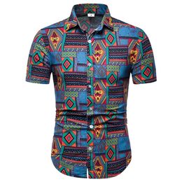 Mens Cotton Linen Dress Shirt Fashion Vintage African Ethnic Print Men Slim Fit Short Sleeve Hawaiian s Camisas 220323