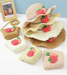 Girls Sunhat Bag Set Kids Wide Brim Straw Strawberry Carrot Cap with Shoulder Bag Purse UPF Protection for Baby Toddler Pink Blue Coffee White