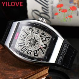Men High Quality Diamonds Watch 43mm Waterproof Black Blue Red Genuine Leather Strap Clock Quartz Imported Movement Montre De Luxe Tonneau Dial Wristwatches