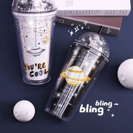 Space double layer straw Water Bottles creative gift plastic cup children cup summer cute cups