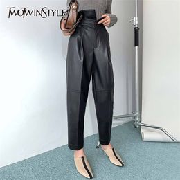 TWOTWINSTYLE PU Leather Harem Pants For Women High Waist Ankle Length Black Casual Trousers Female Fashion New Clothing 201113