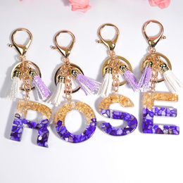 Exquisite Resin Initial Letter Keychain Women Gold Foil Alphabet Key Ring With Tassel Bag Charm Car Pendent Key Holder Accessory