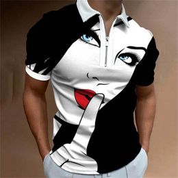 Summer Men's Clothing Polo Shirts Street Women Face Print Casual Short Sleeve Tee Shirt Men Turn-Down Collar Zipper Polo Tops 220706