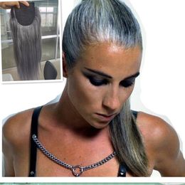 African american gray ponytail hairpiece long high sleek pony tail wraps around drawstring clip in natural highlights custom made salt and pepper ash grey silver