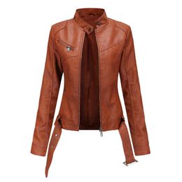 Washed Leather Jacket Women Spring Autumn Coat Female 2021 Motorcycle Moto Biker Zipper Jacket Ladies Chaqueta Mujer Brown Red L220728