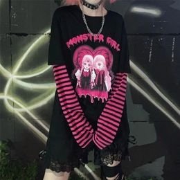 HOUZHOU Gothic T Shirt Women Mall Goth Top Harajuku Black Long Sleeve T-shirts Fake Two-piece Punk Grunge Streetwear Alt E Girl 220402