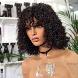 Jet Black Silk Base 100% Human Hair Wigs with Bangs Natural Curly Glueless Scalp Top Full Machine Made Fringe Wigs for Women Bleached Knots