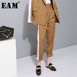 Spring High Elastic Waist Zipper Side Line Striped Split Joint Loose Long Wide Leg Pant Fashion T4 210512