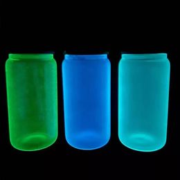 New Arrival 16oz Sublimation glow in the dark glass can Straight clear Transparent Coffee Glass mug Tumblers with Bamboo Lid And Straw Fedex Z11